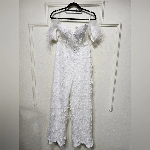 Lulus Midnight Sparkle White Mesh Embroidered Feather Bustier Jumpsuit XL Bridal - Picture 6 of 9